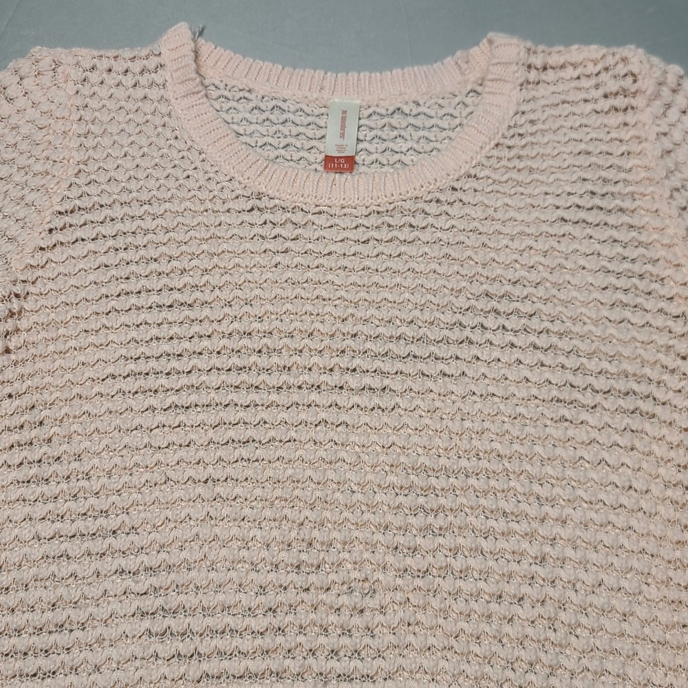 No Boundaries Sharkbite Sweater Womens Large Pink Open Knit Crochet Pullover